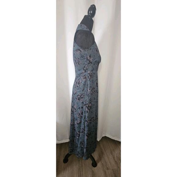 Vintage High Neck Sleeveless Dress Sheer Floral Maxi Blue Empire Waist XS 0/2 - Picture 5 of 8